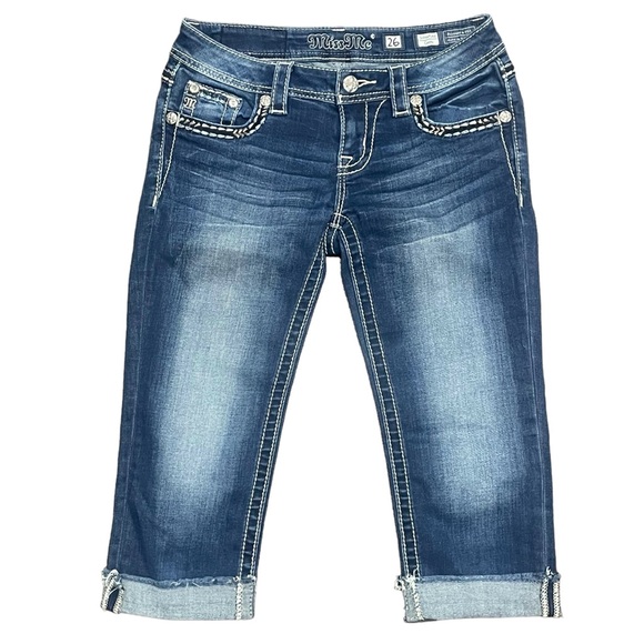 Miss Me Jeans Signature Capri Womens 26 Cuffed Flap Pocket Dark Wash Embellished - Picture 4 of 9